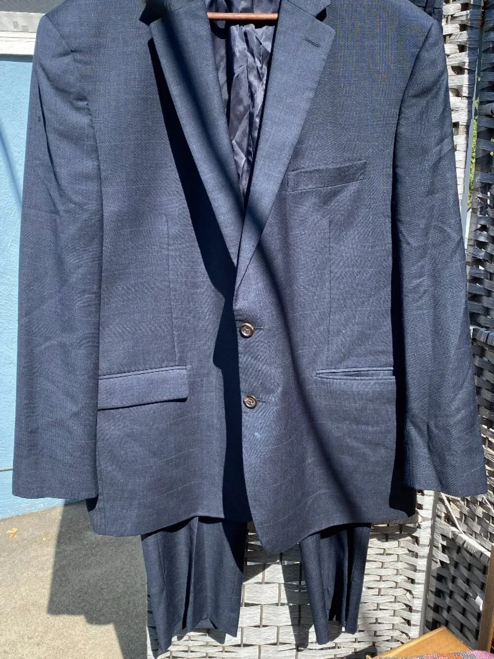 Lauren Ralph Lauren (2) Two Piece Men's Suit Navy Blue Plaid  100% Wool 48R